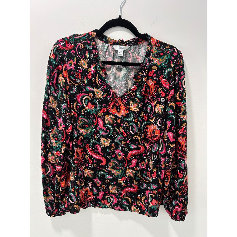 Croft &‎ Barrow Petite XL Paisley V-Neck Ruffle Blouse Black Pink Green PXL